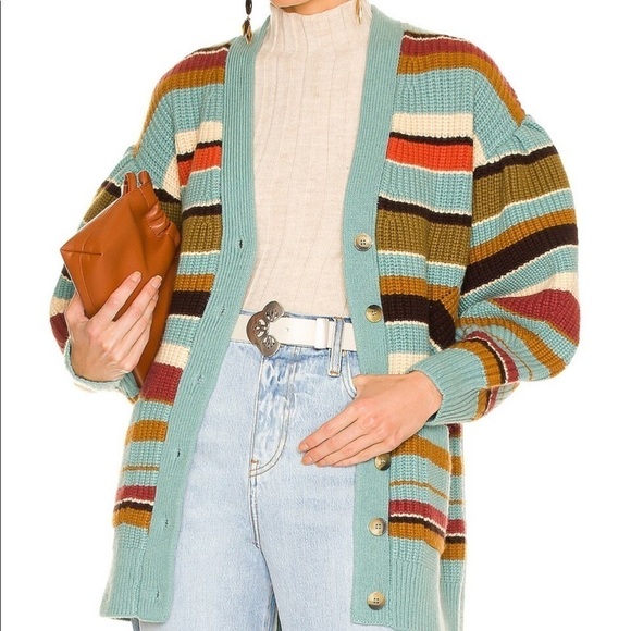 Ulla Johnson Teal striped Tillie ballon sleeve cardigan sweater S - Picture 2 of 11